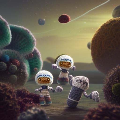 Crochet Astronauts Discover Yarn Planet: Digital Art