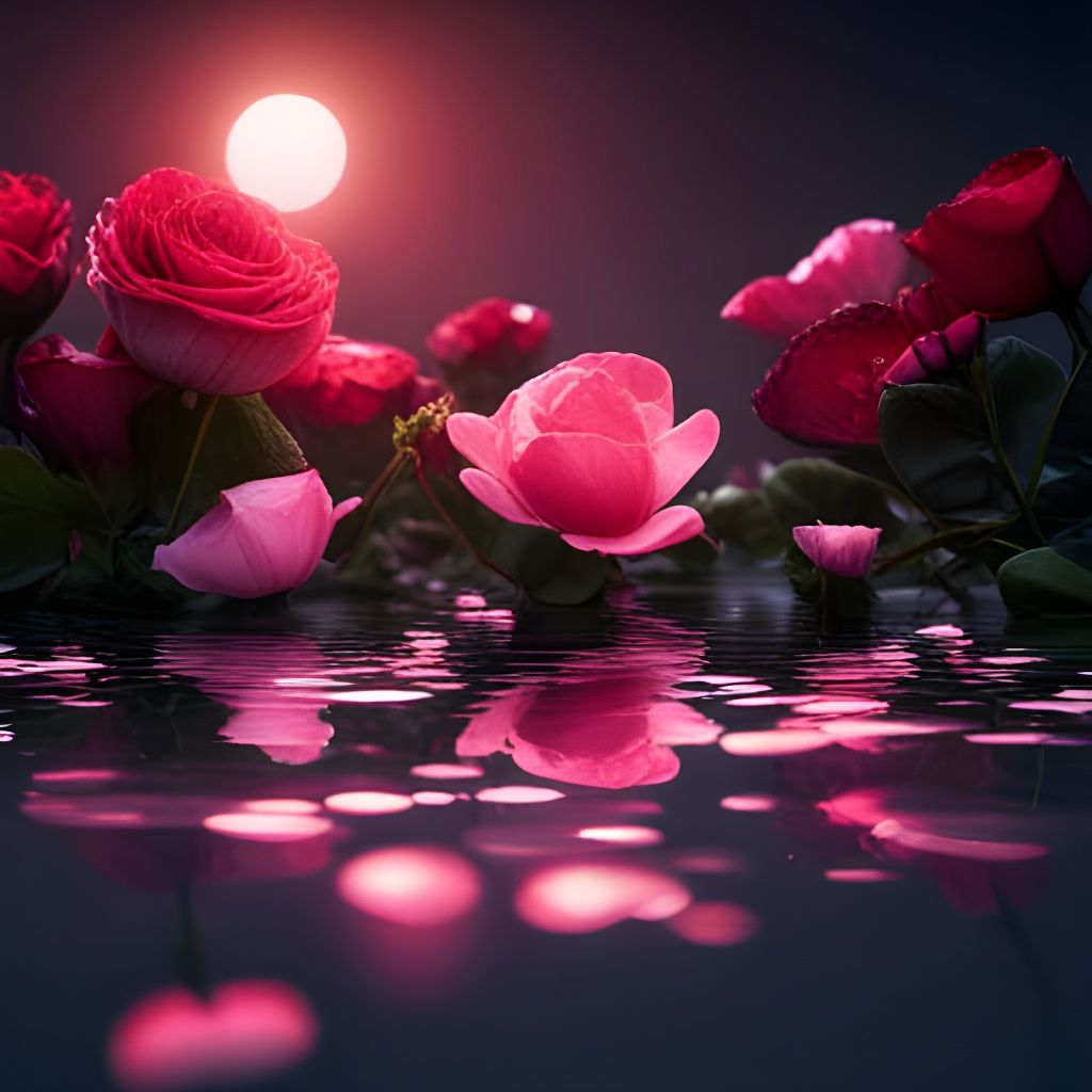 Rose Petals Reflecting Sunlight in Still Water