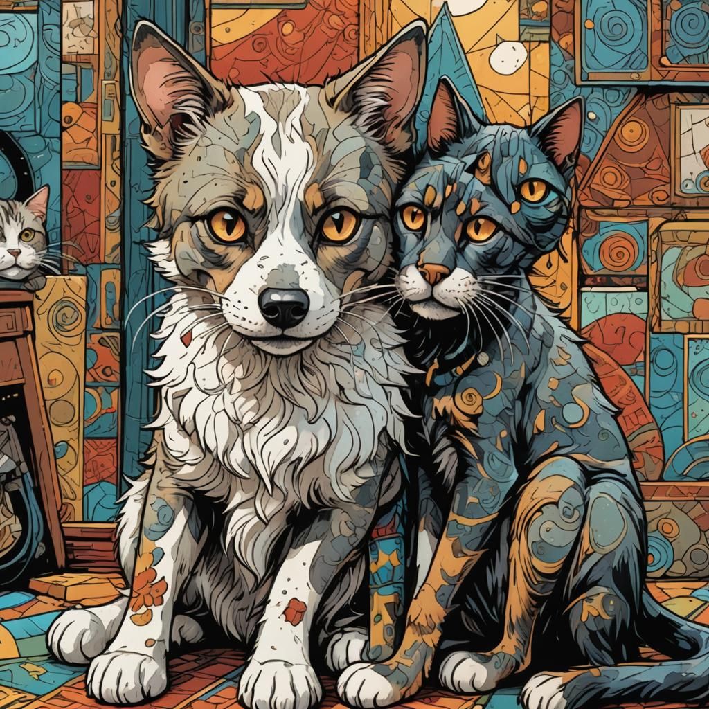 Whimsical Cat and Dog in Comic Book Art Style