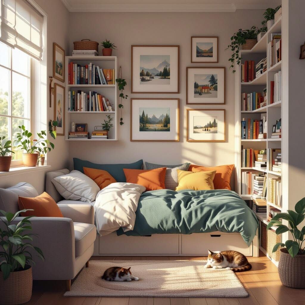 Organized Cozy Bedroom with Bookshelf and Sofa