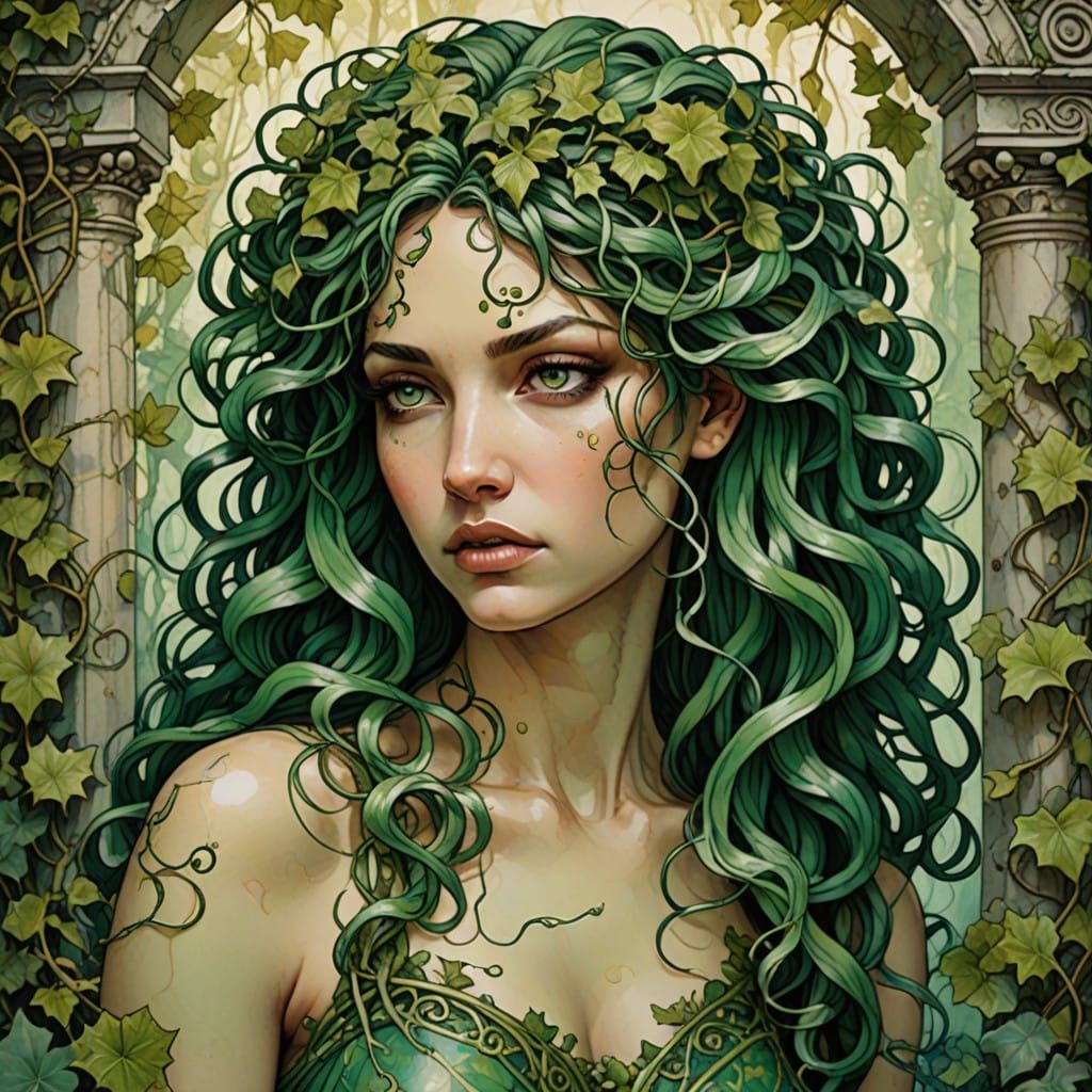 Green Medusa in Grecian Temple, Alcohol Ink Art
