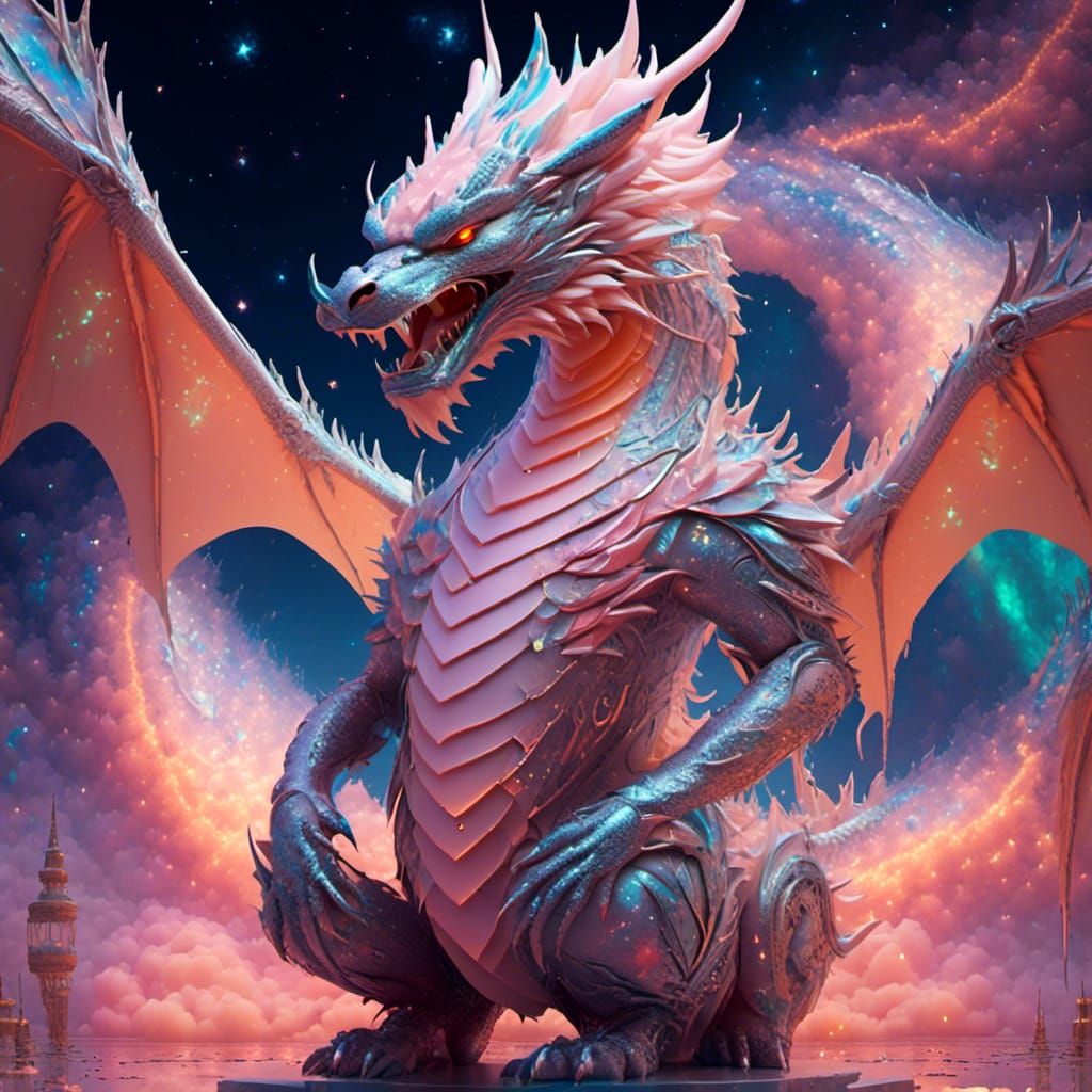 Peach Dragon in Galaxy, Detailed Fantasy Art