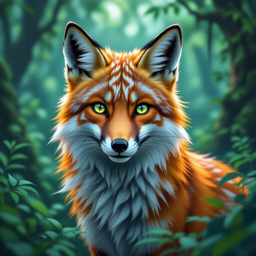 Majestic Fox-Tiger Hybrid in Mystical Forest