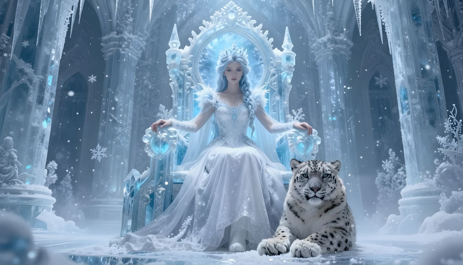 Winter Fairy and Snow Leopard in Icy Palace
