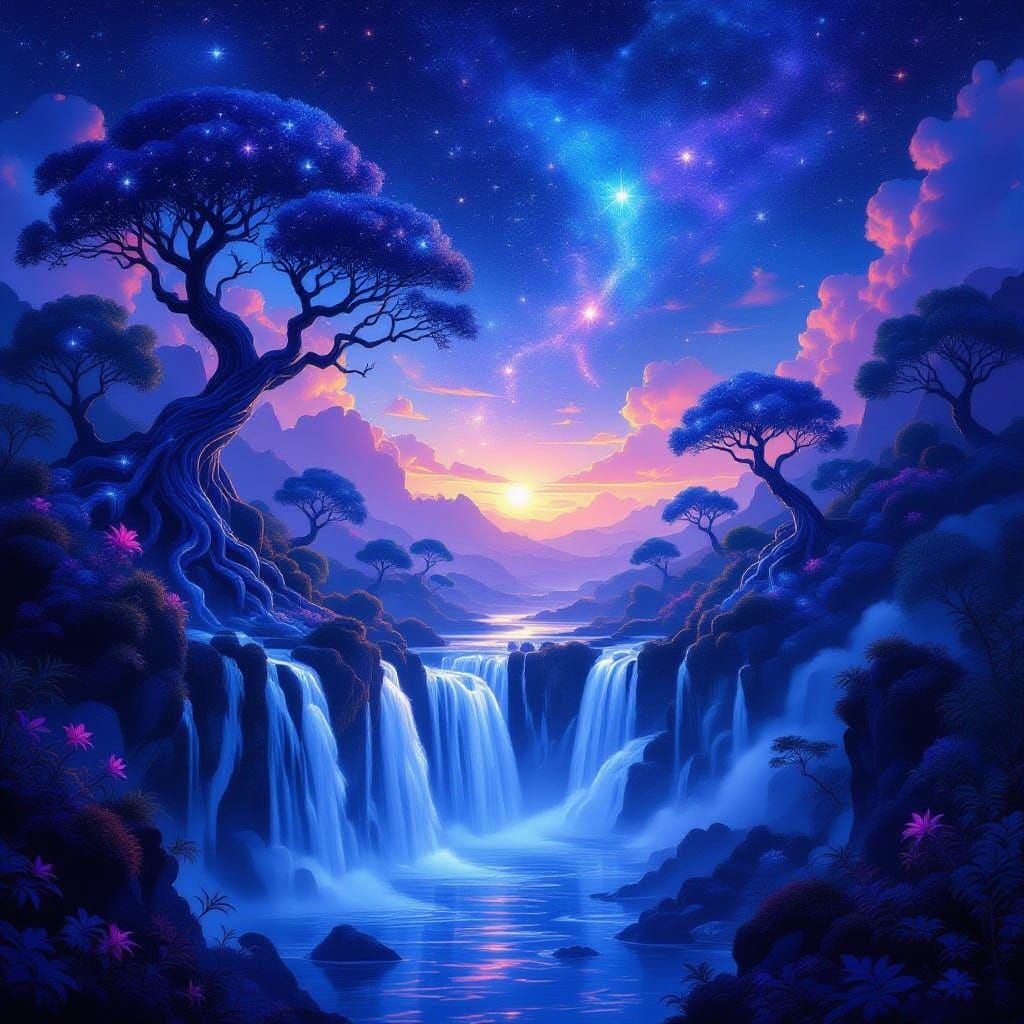 Cosmic Waterfall Into Alien Trees Dreamscape