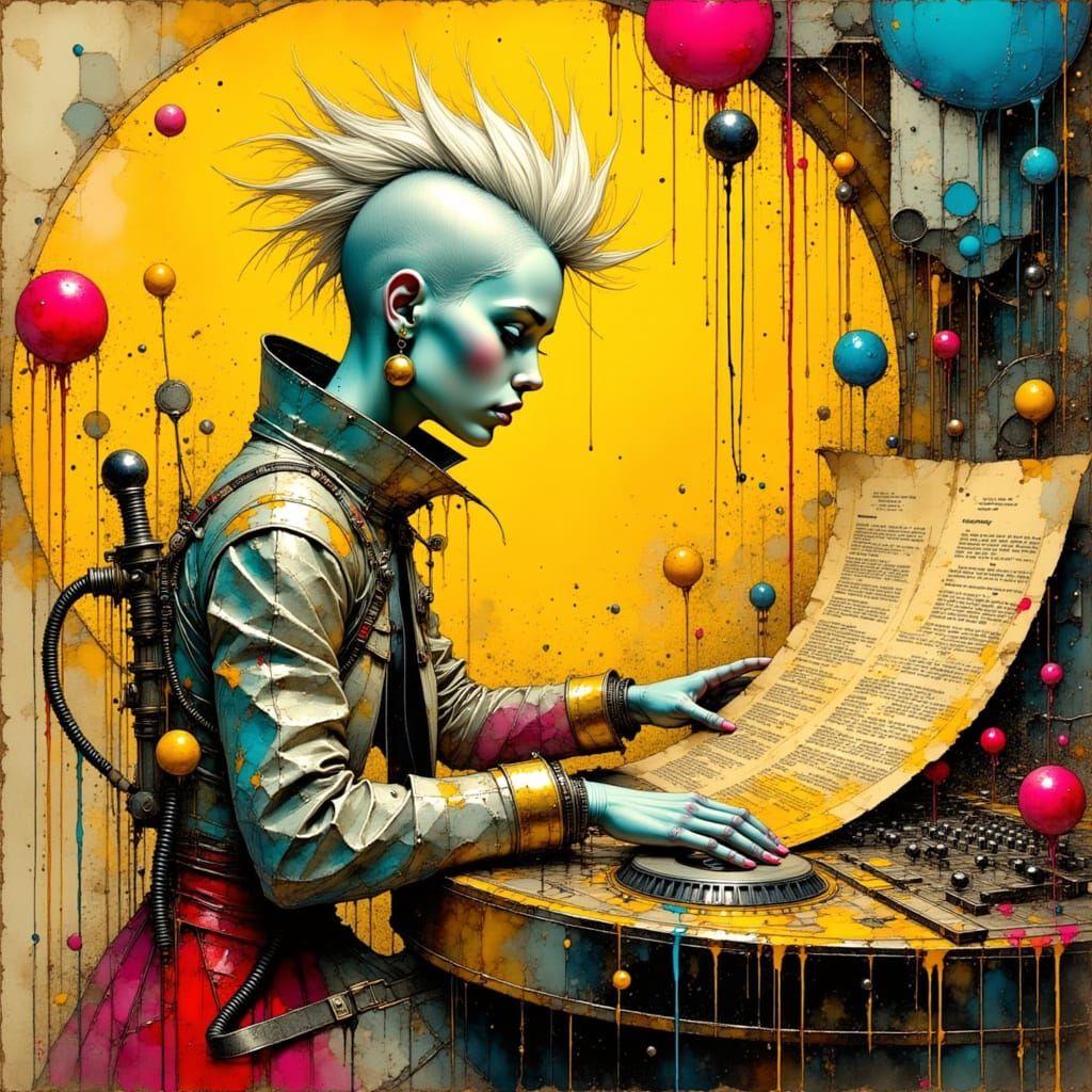 futuristic cyberpunk woman playing music in her own universe