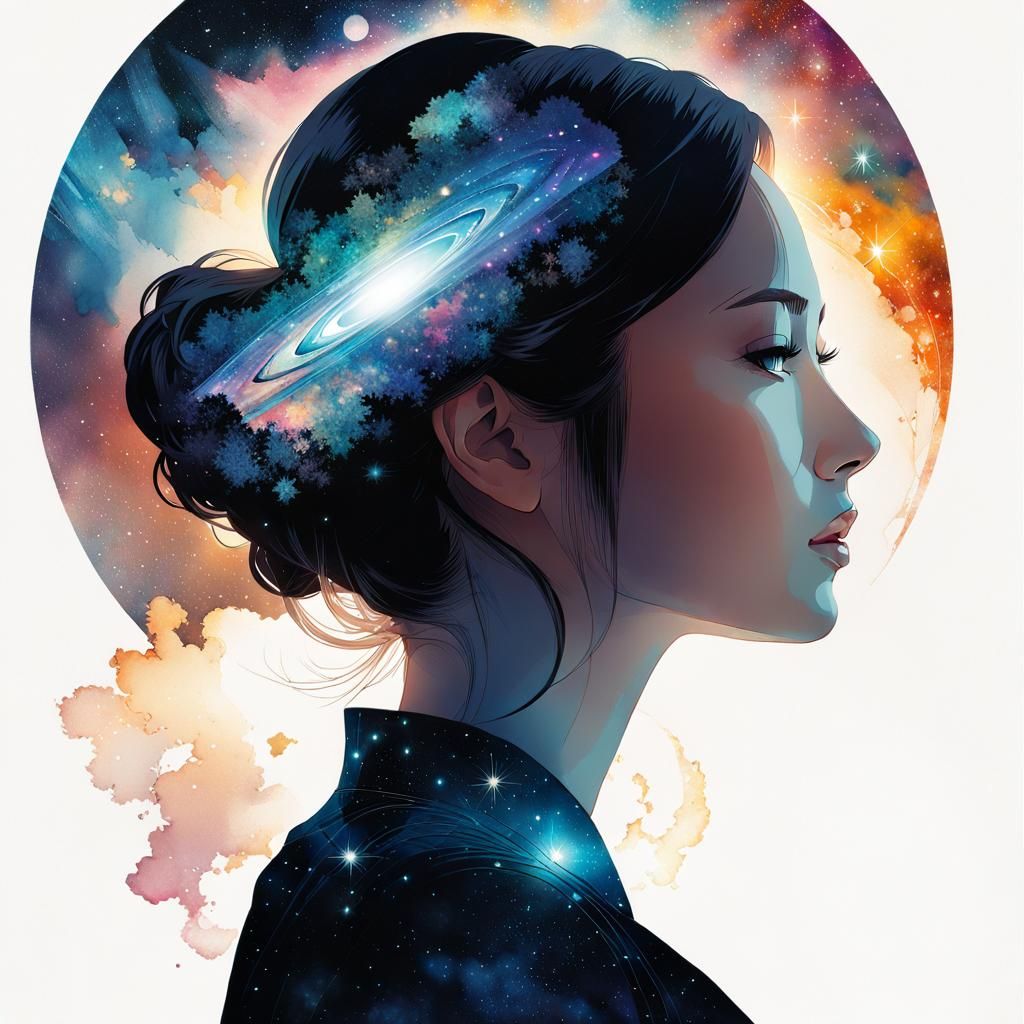 Cosmic Galaxy Woman: Watercolor Double Exposure Portrait