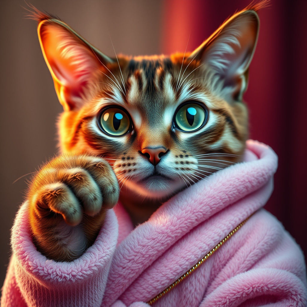 Cat in Pink Robe Contemplates Existence