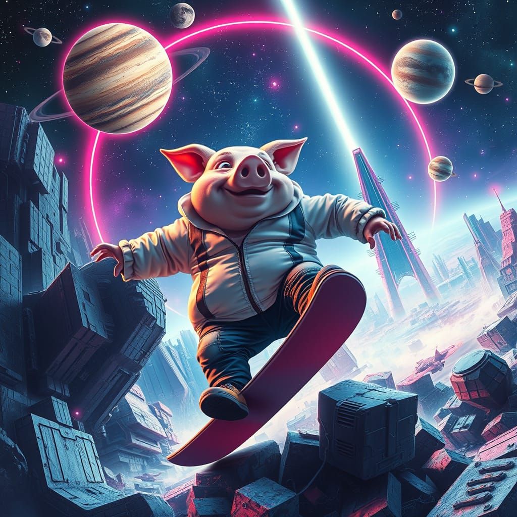 Cyberpunk Space Surfer in Neon-Lit Galactic Ruins