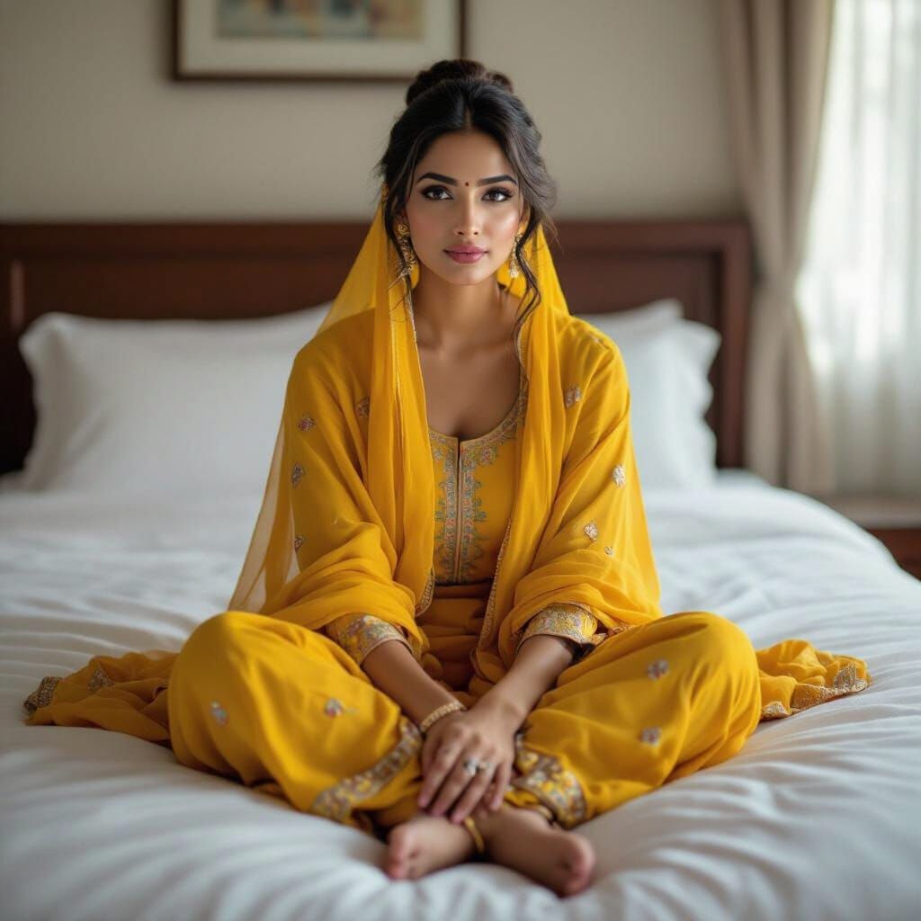 Indian Woman in Yellow Salwar Kameez on Bed