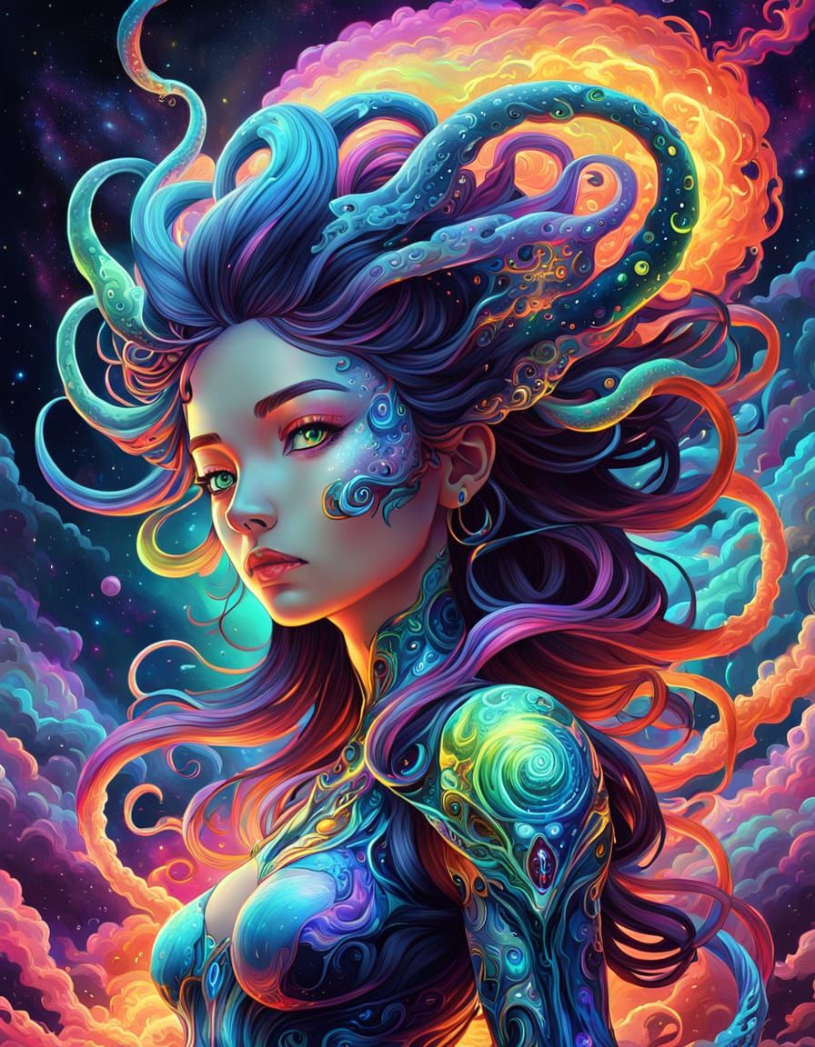 Cosmic Sorceress Casts Spells: Psychedelic Manga Art