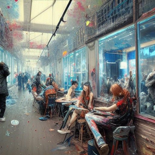 Busy Art Cafe at Night Digital Painting