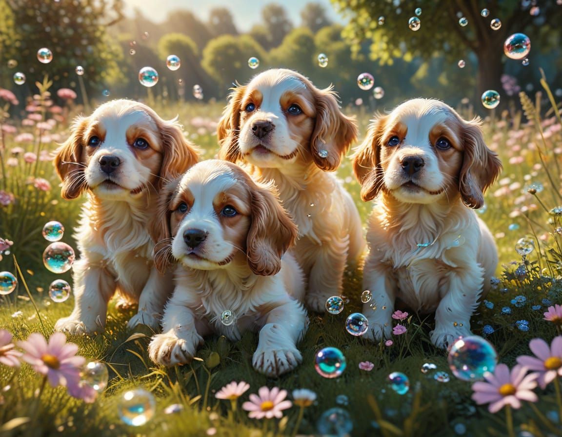 Happy Spaniel Puppies Floating in Sunny Meadow