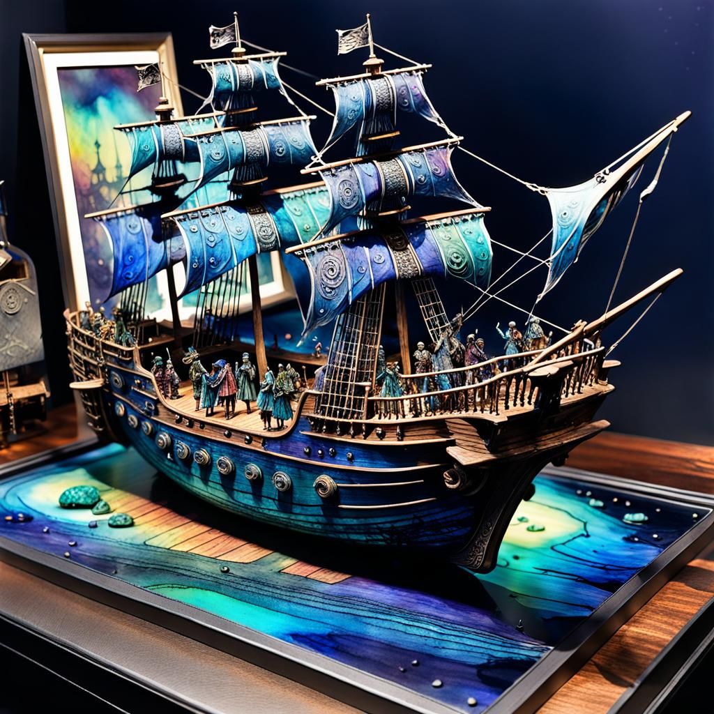 Fantastical Pirate Ship Orchestra in Alcohol Ink Style
