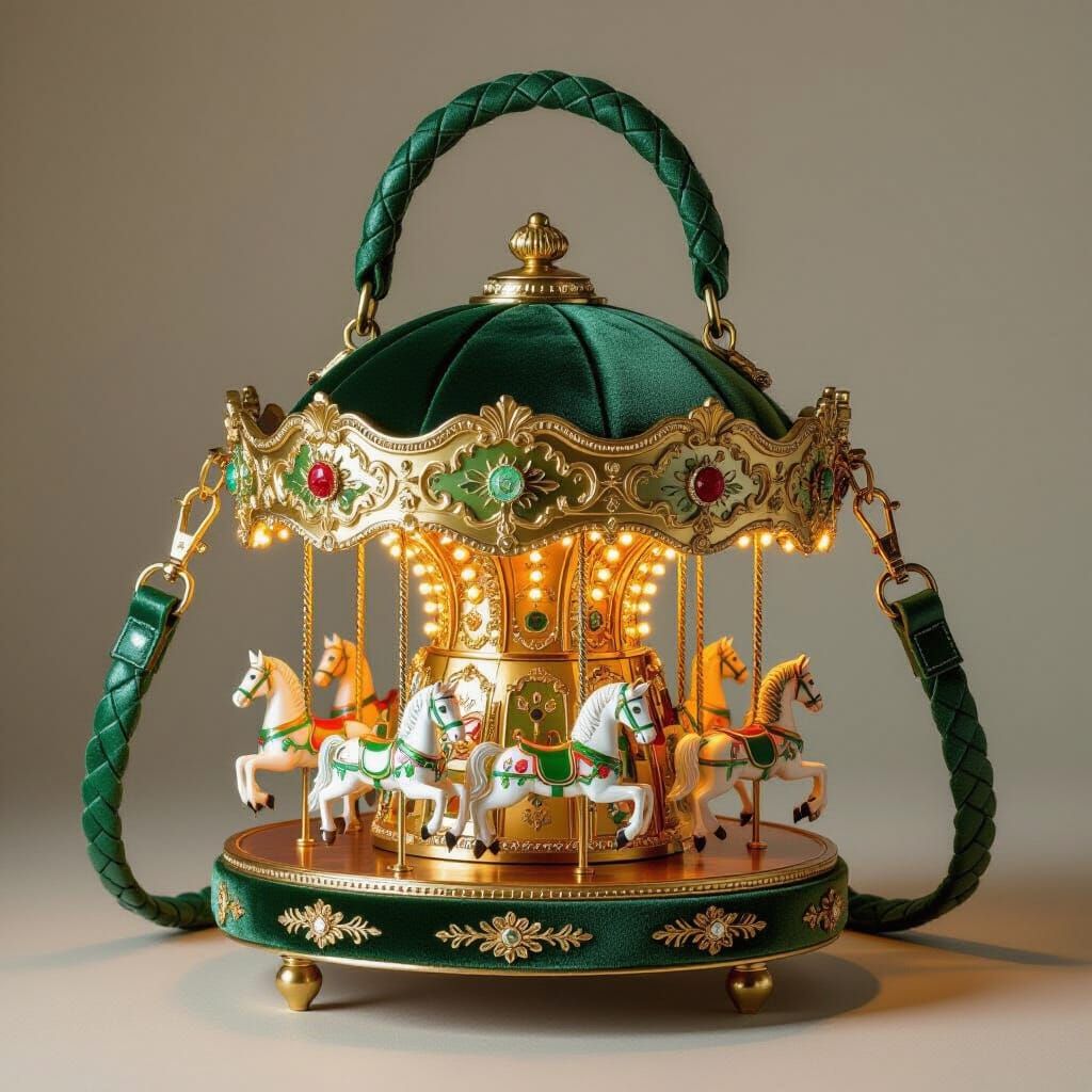 Emerald Velvet Carousel Handbag with Golden Flourishes