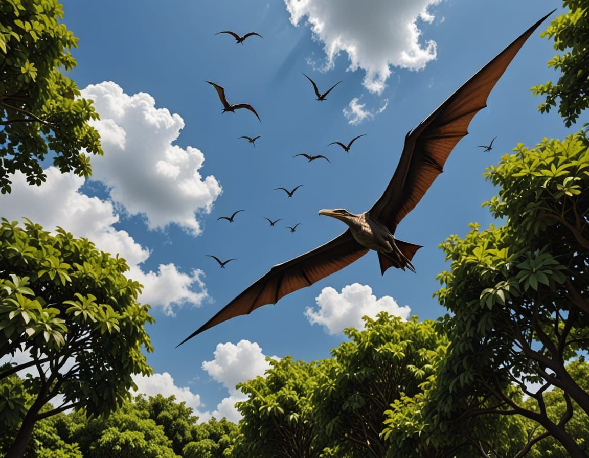 Pterodactyl in Flight Above Forest Canopy