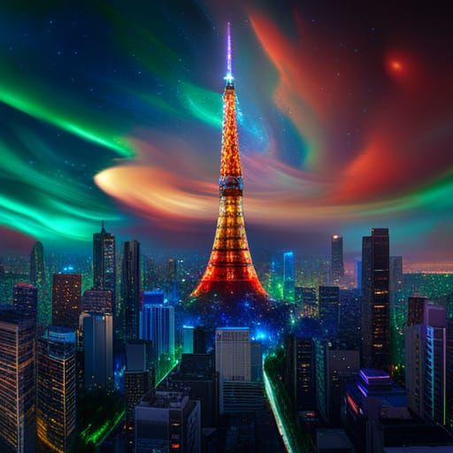 Cute Ghost Bell and Tokyo Tower in Cosmic Art