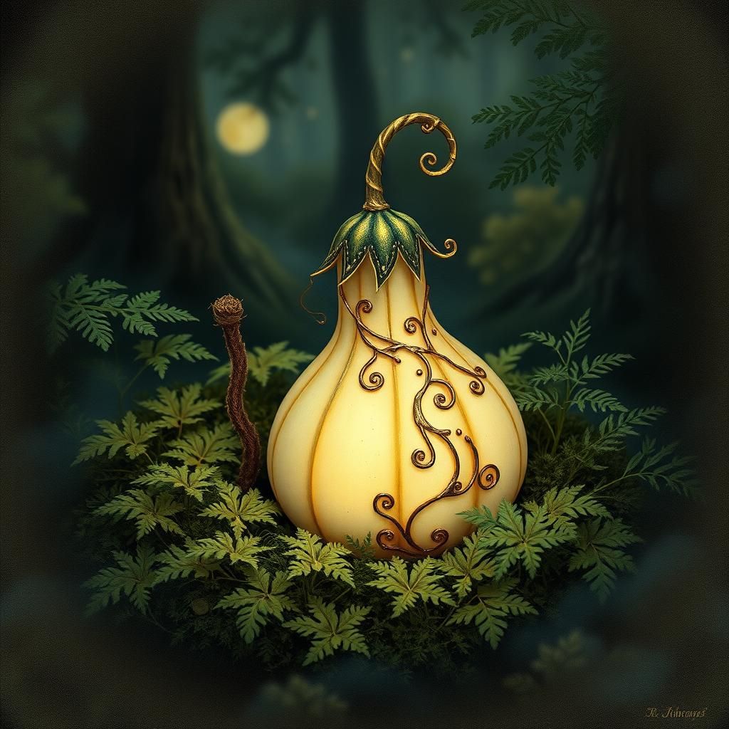 Glowing Gourd in Moonlit Forest, Ornate Storybook Style