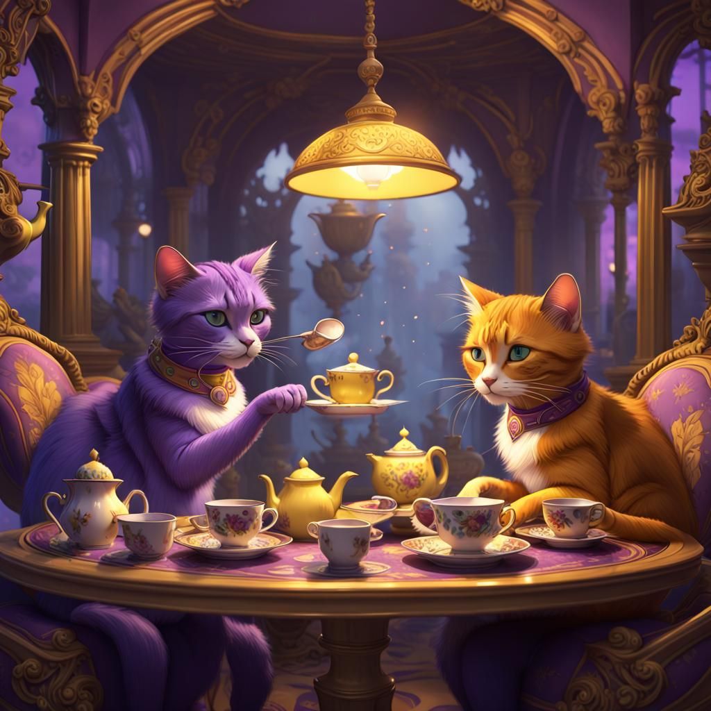 Cartoon Cats' Tea Party: Dark Fantasy Concept Art
