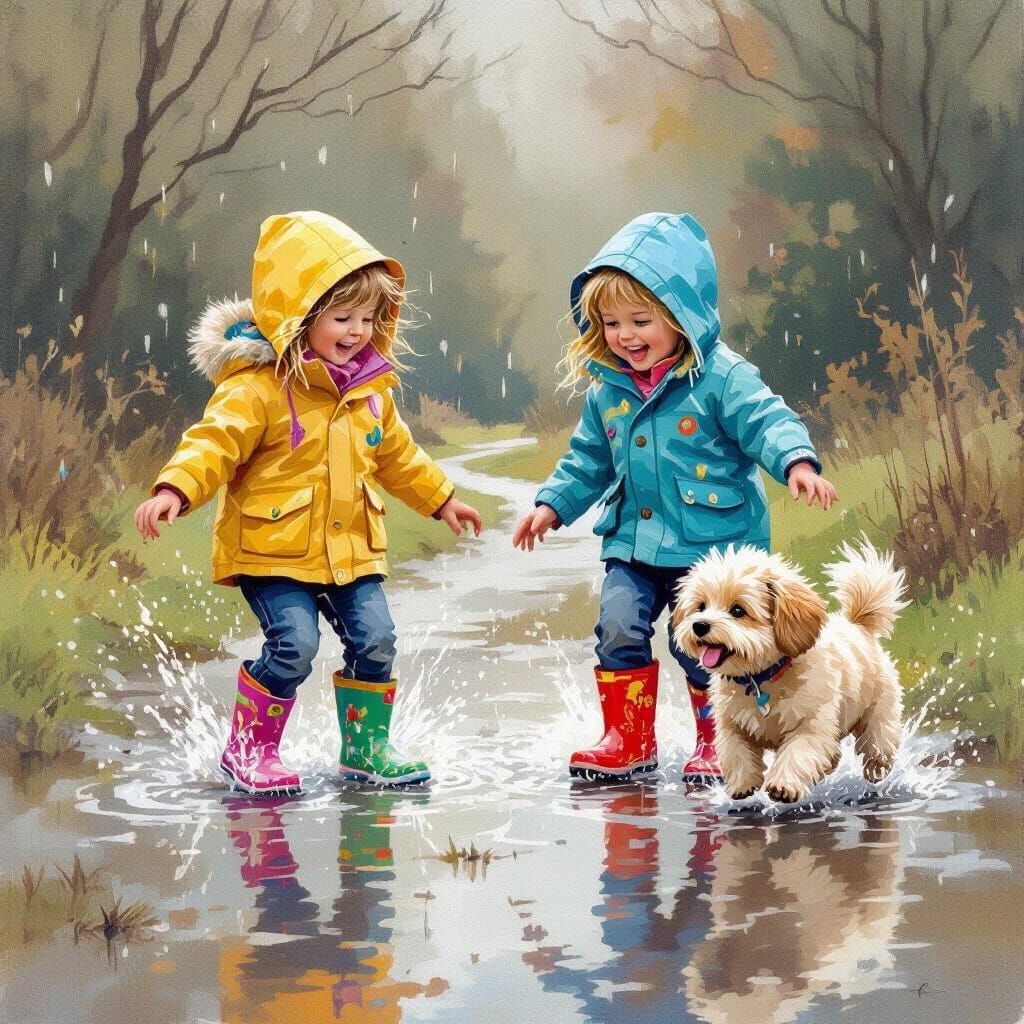 Children Play in Puddles: Whimsical Illustration