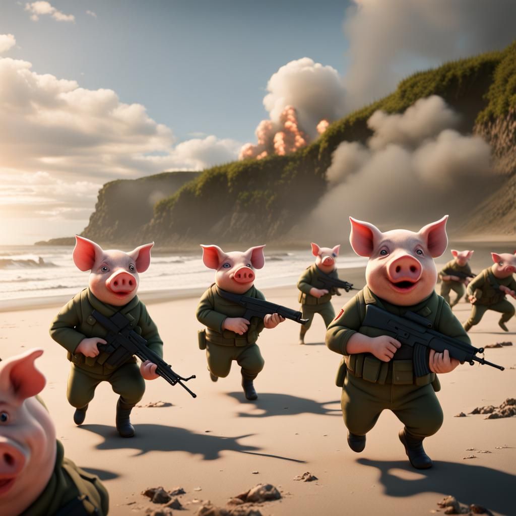 Cartoon Pigs as Soldiers Storming Omaha Beach