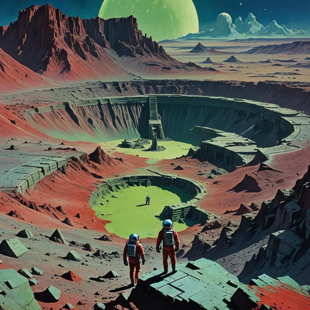 Ancient Lunar Crater Ruins: Retrofuturism Sci-Fi Art