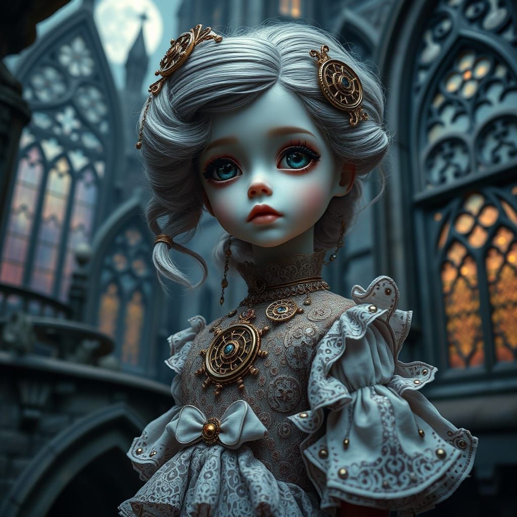 Steampunk Doll in Eerie Gothic Architecture