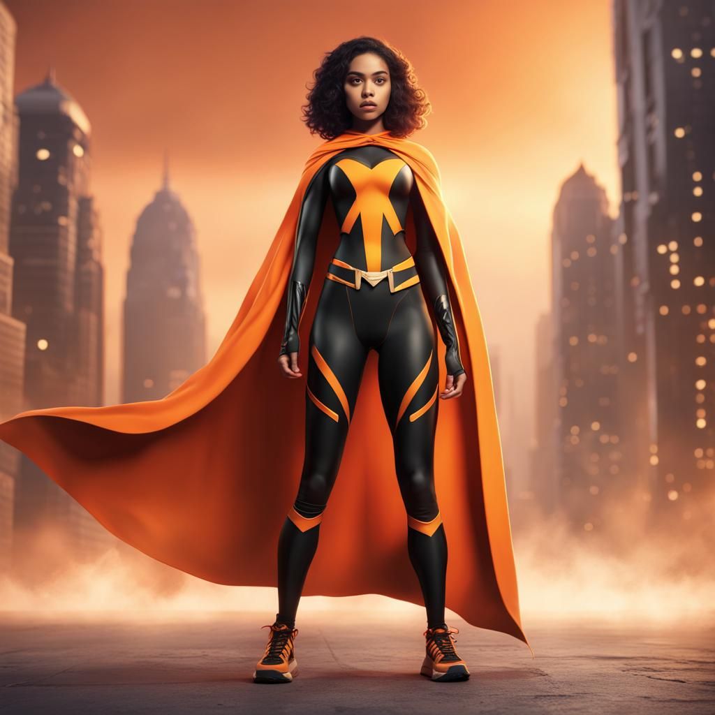 Arabic Girl Superhero in Orange and Black Costume