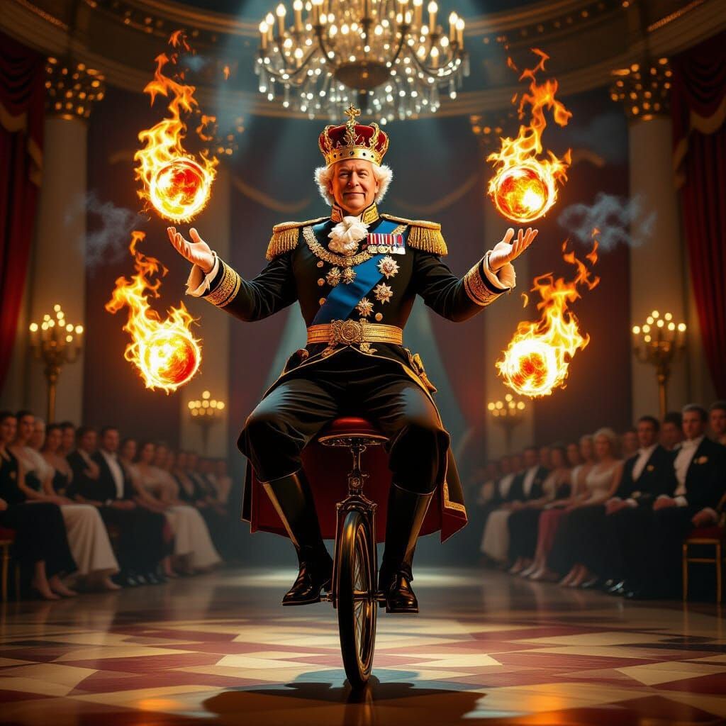 King Charles Juggles Fire Balls on Unicycle in Palace