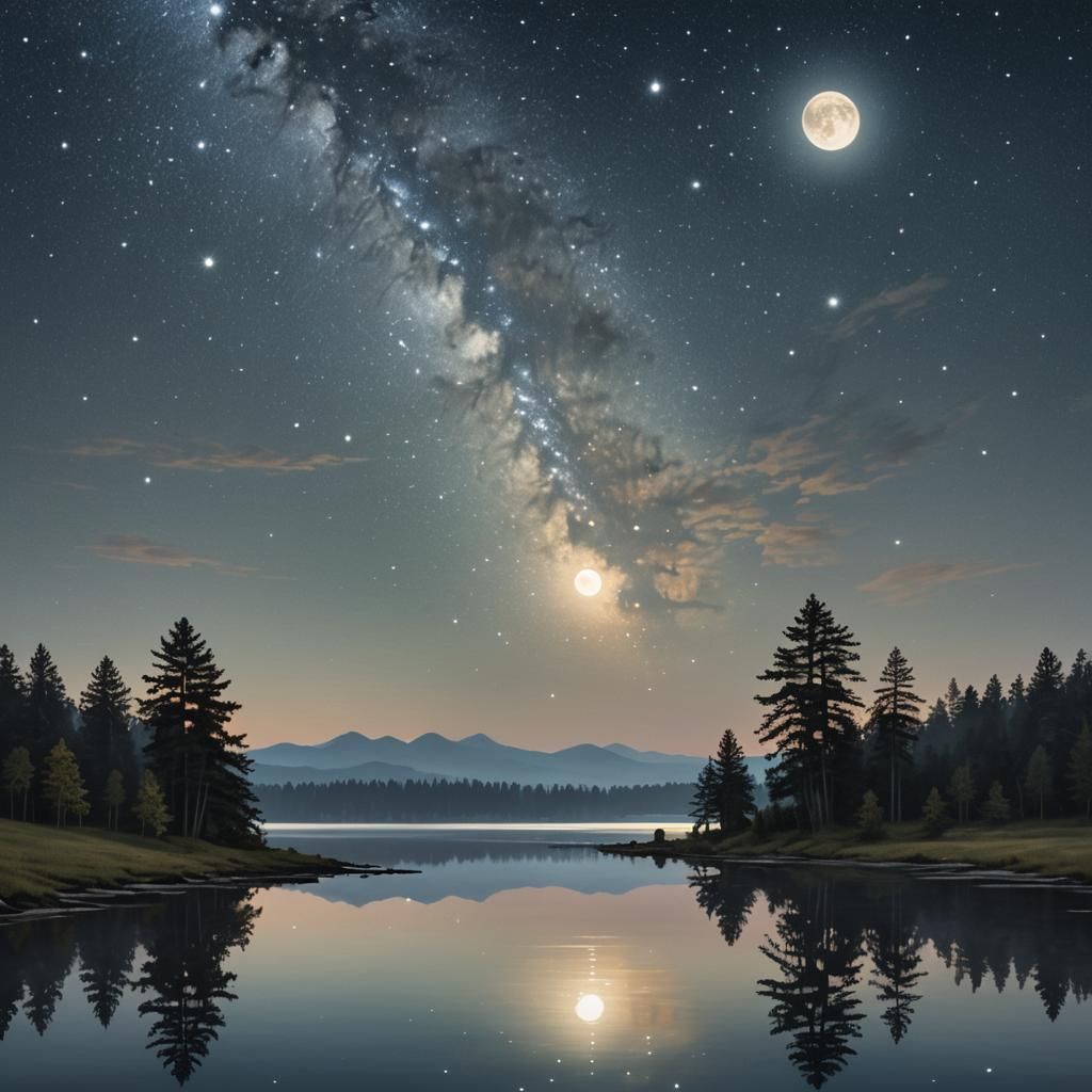 Serene Night Scene with Aurora Borealis Reflection