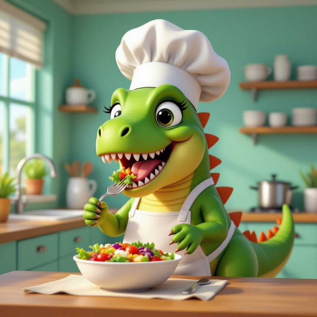 Cute Vegan Dinosaur Enjoys Colorful Salad