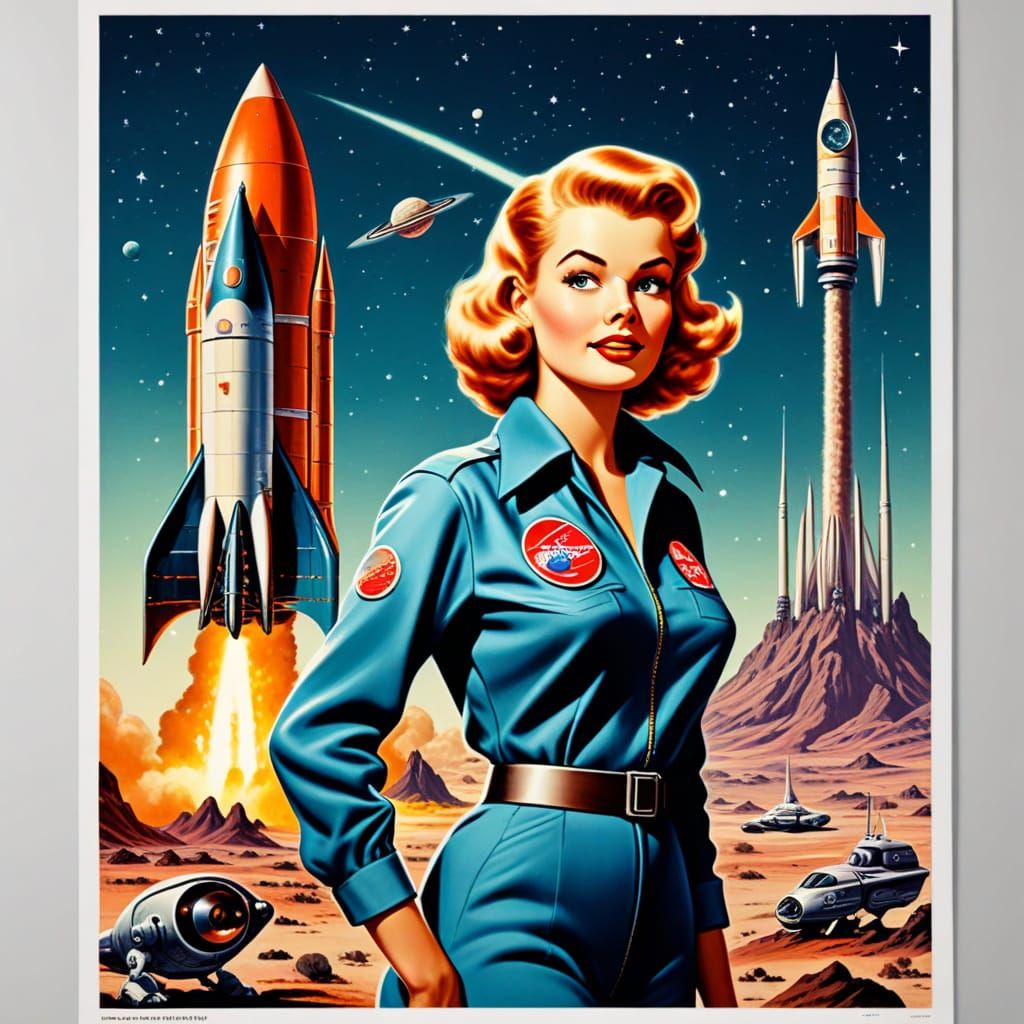 Retro Sci-Fi Pin-Up Poster of Astronaut on Alien Planet