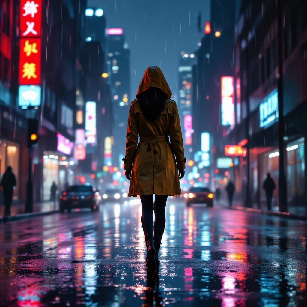 Rainy City Street Scene in Cyberpunk Noir Style