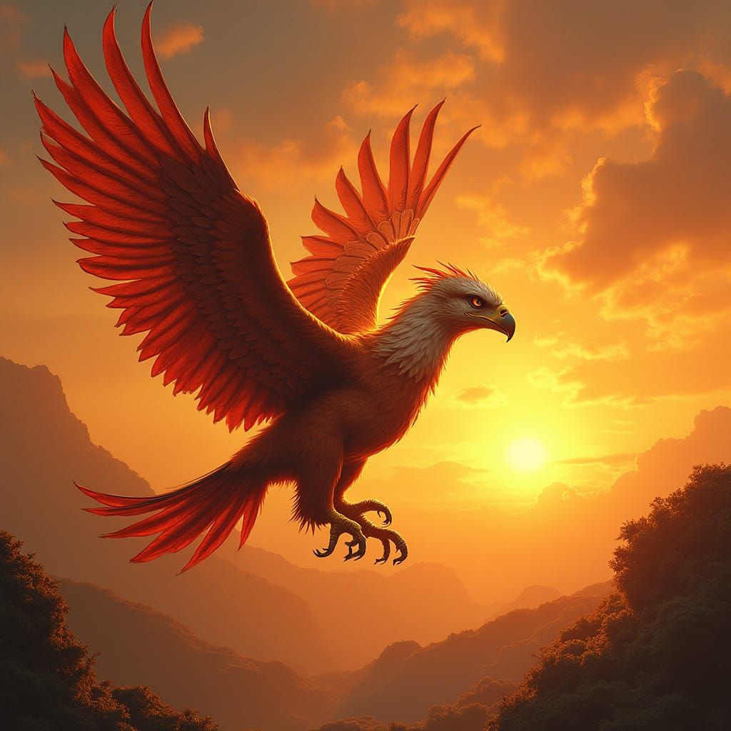 Griffin Soaring Through Sunset Sky in Art Nouveau Style
