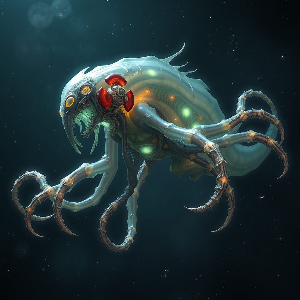 Evolved Cosmic Creature in Bioluminescent Starfield