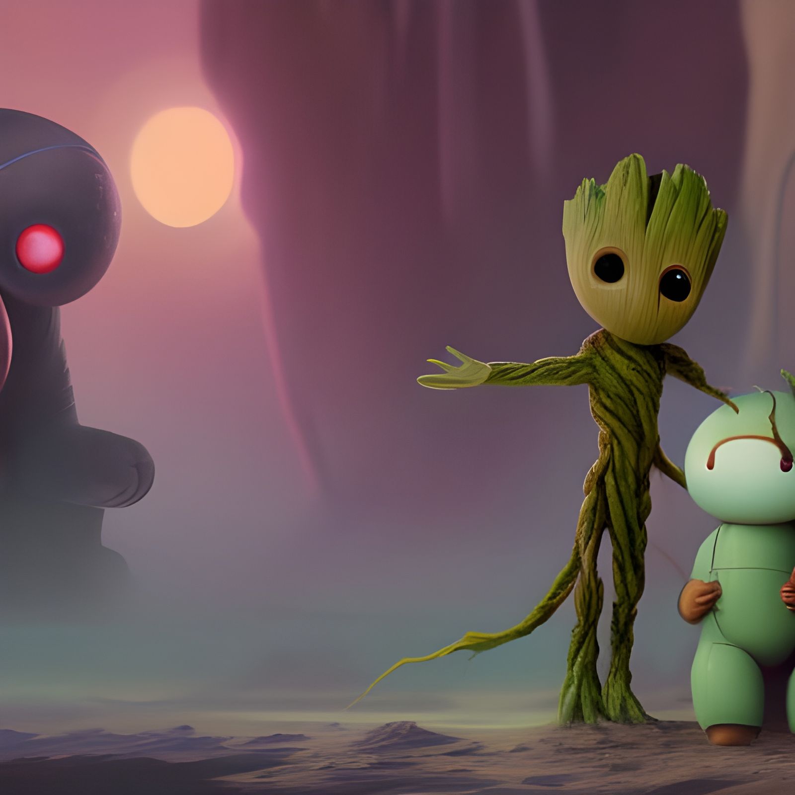 Baby Groot and Baymax: Detailed Fantasy Art