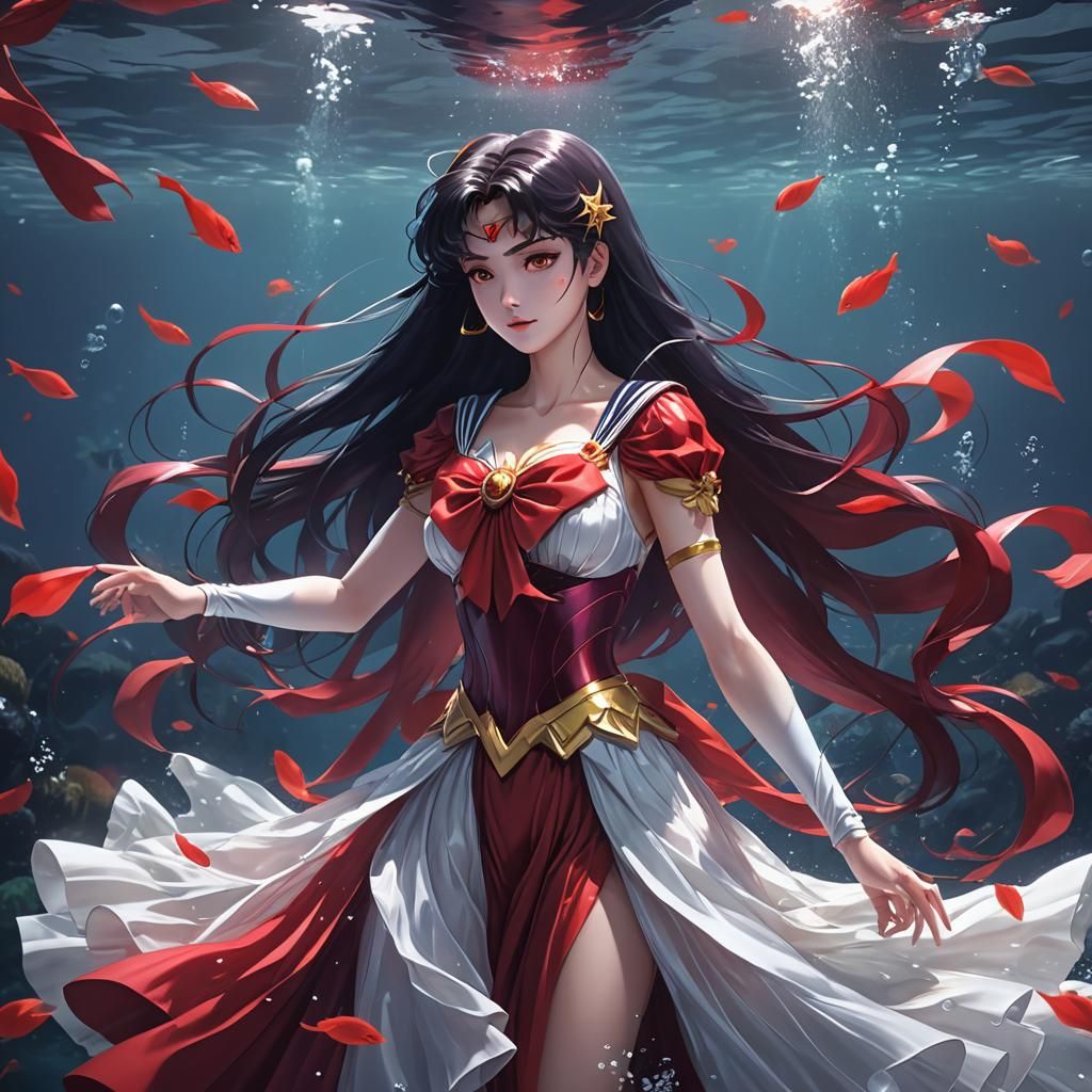 Sailor Mars wearing flowing gown underwater