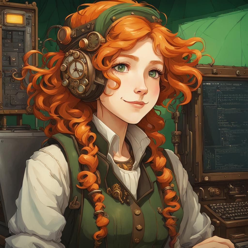 Steampunk Girl with Computer as Watercolor Concept Art