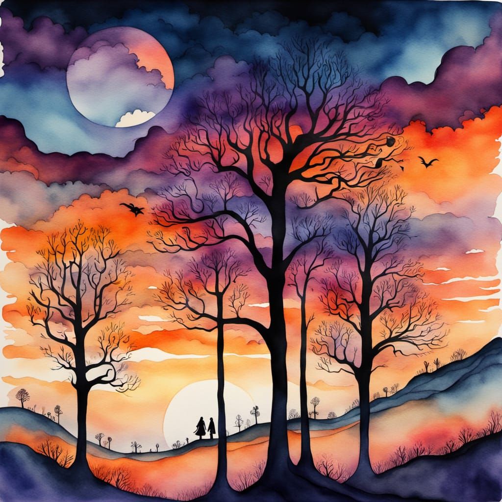 Surreal Sunset Landscape in Whimsical Watercolor Style