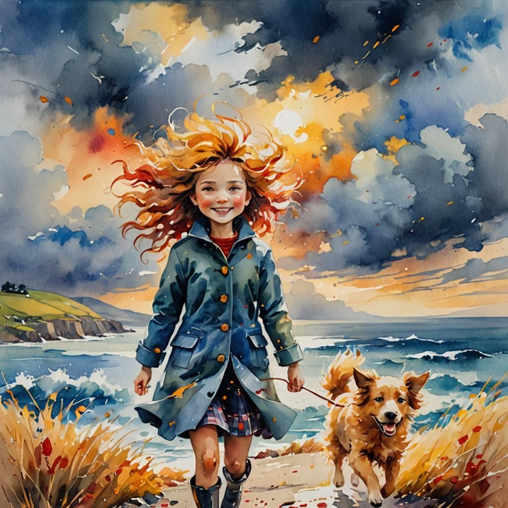 Girl and Puppy at Autumn Seascape in Watercolour
