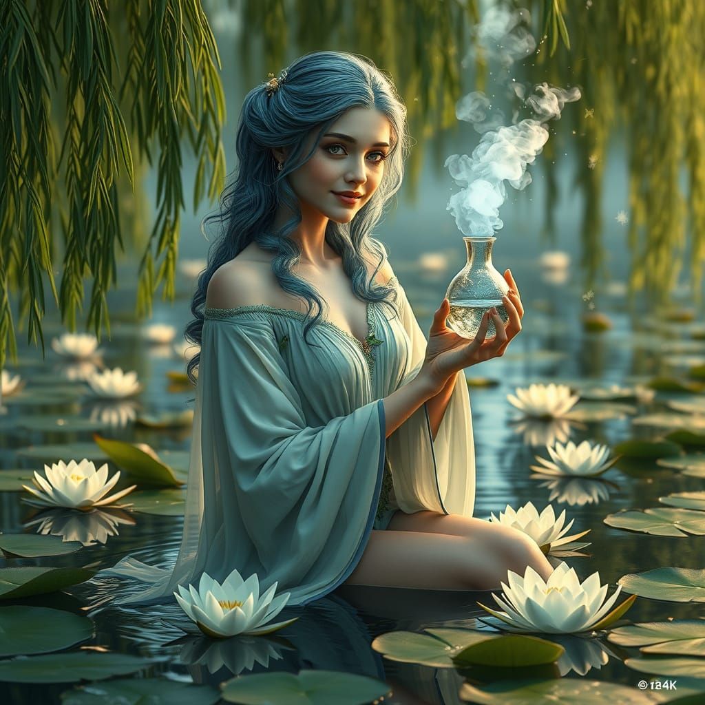 Ethereal Naiad in Enchanted Spring at Dusk