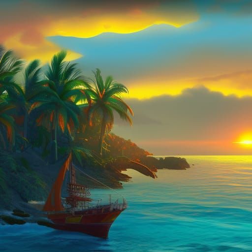 Tropical Sunset with Corsair Ship: Fantasy Art
