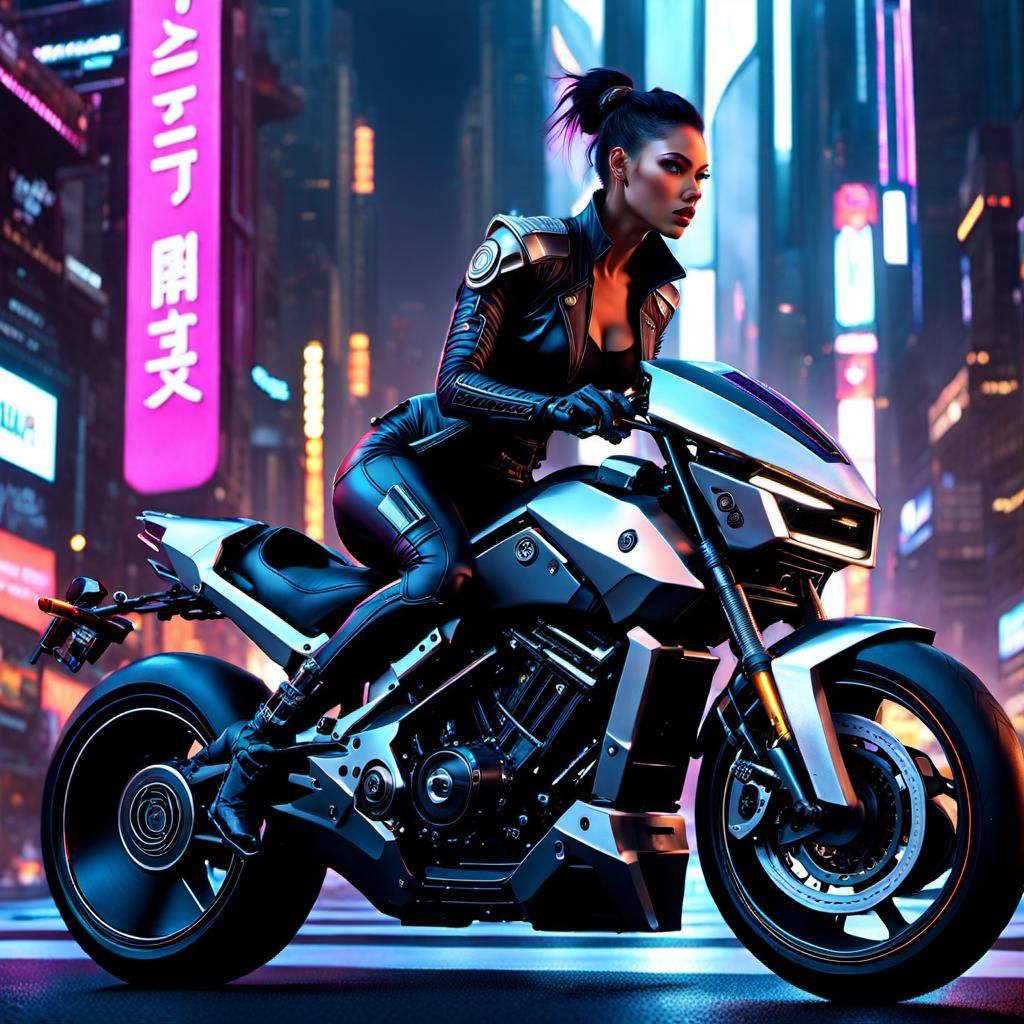 Cyberpunk Girl on Motorcycle in Futuristic City