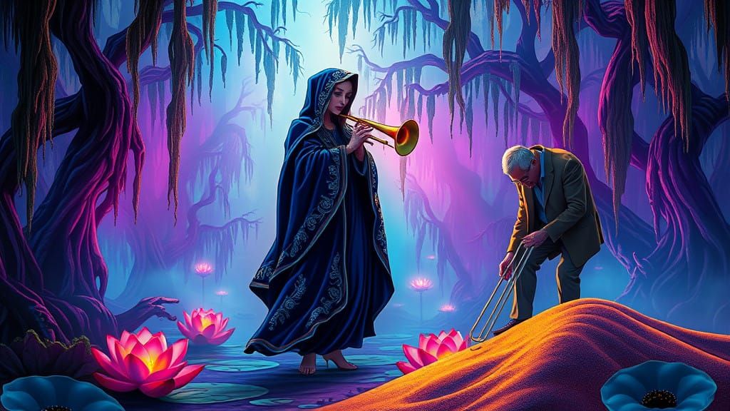 Surrealistic Vision of a Madonna Figure in a Dreamlike Cypre...