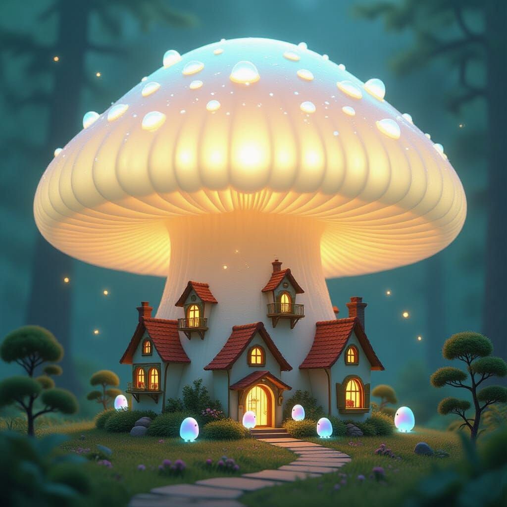 Luminous Mushroom City in Whimsical Style