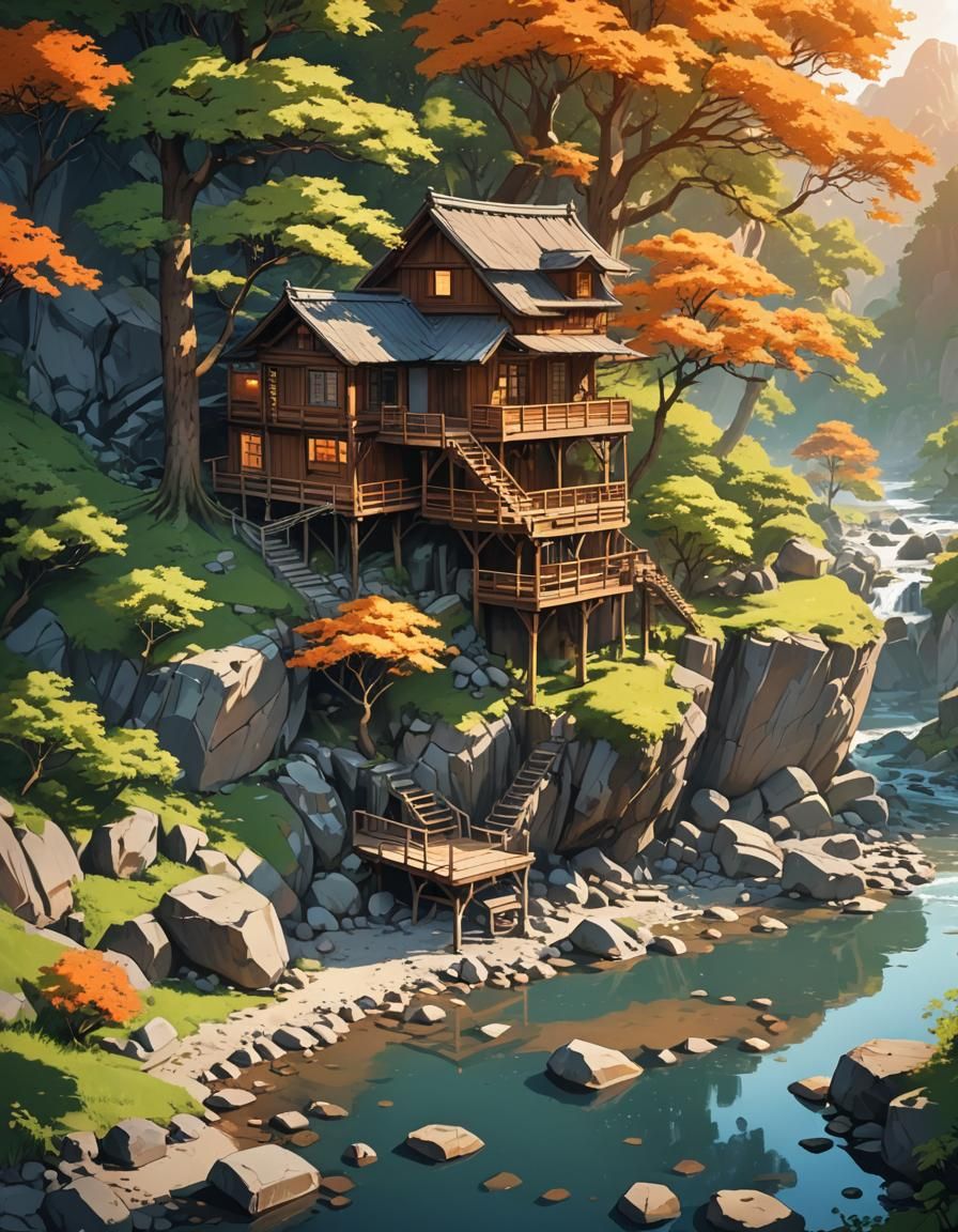 Tranquil Treehouse Scene in Anime Style