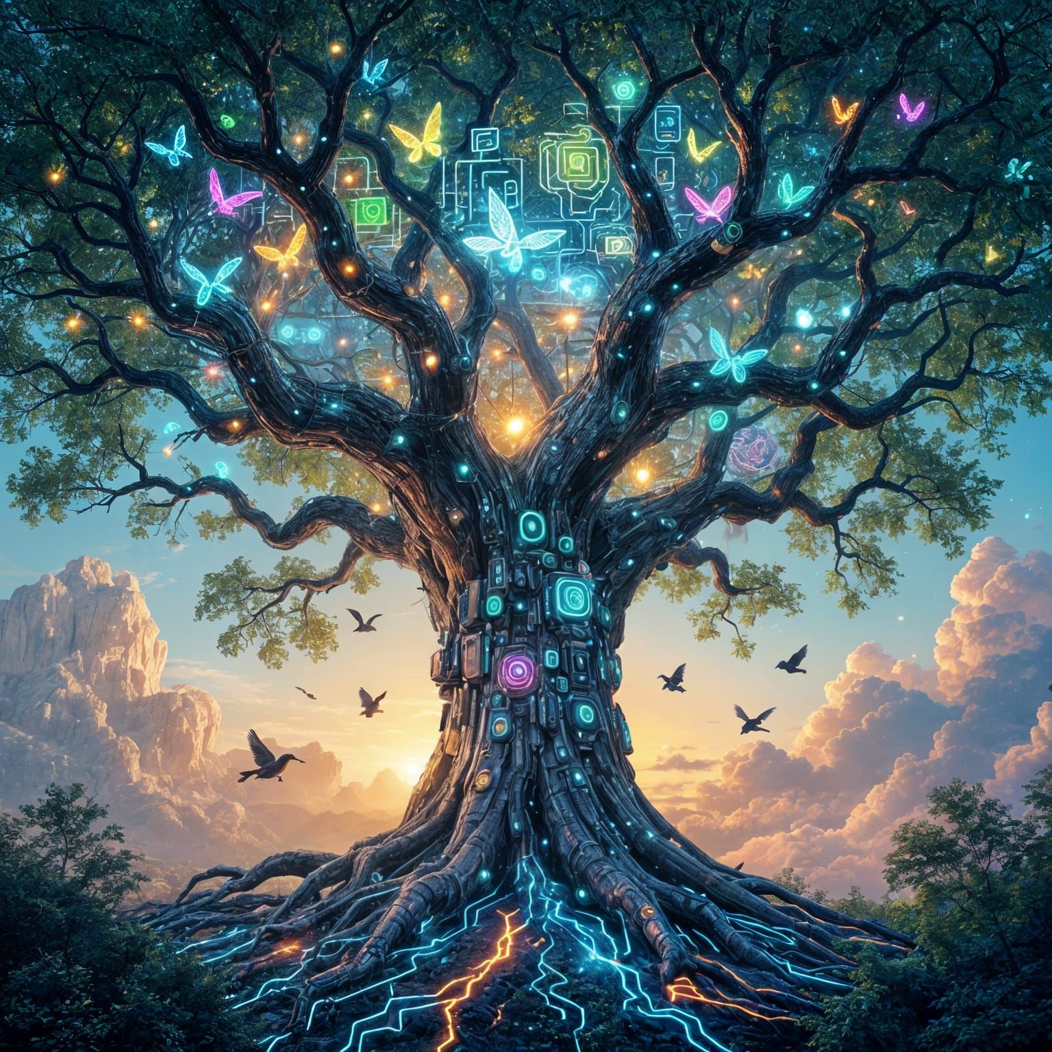 Ancient Tree Fuses with Circuits, Robotic Arms Reach Skyward