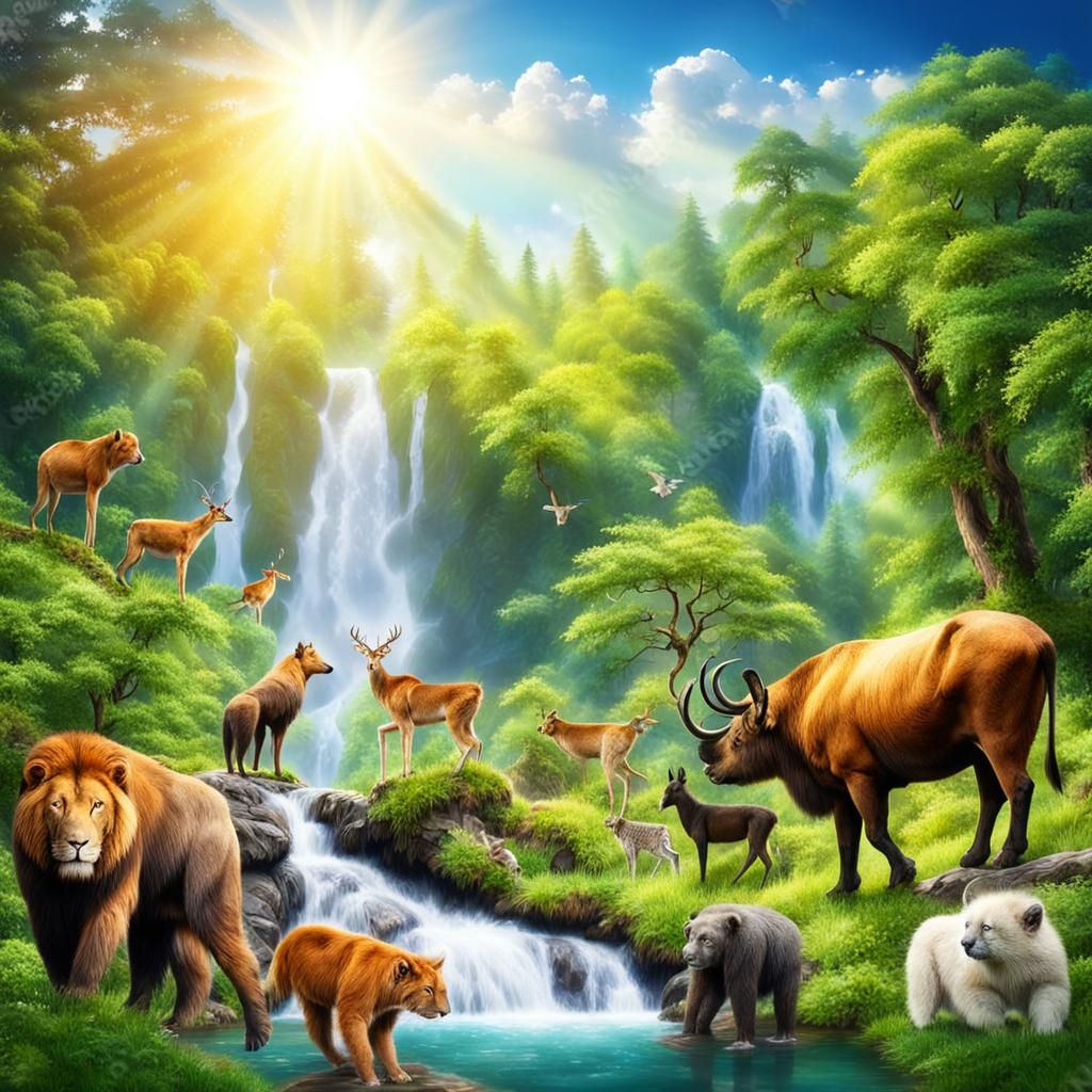 Harmonious Forest Animals in a Sunlit Landscape