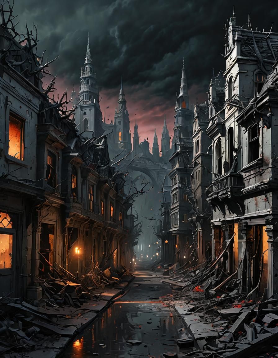 Desolate Fantasy City with Ghostly Figures in Abstract Style