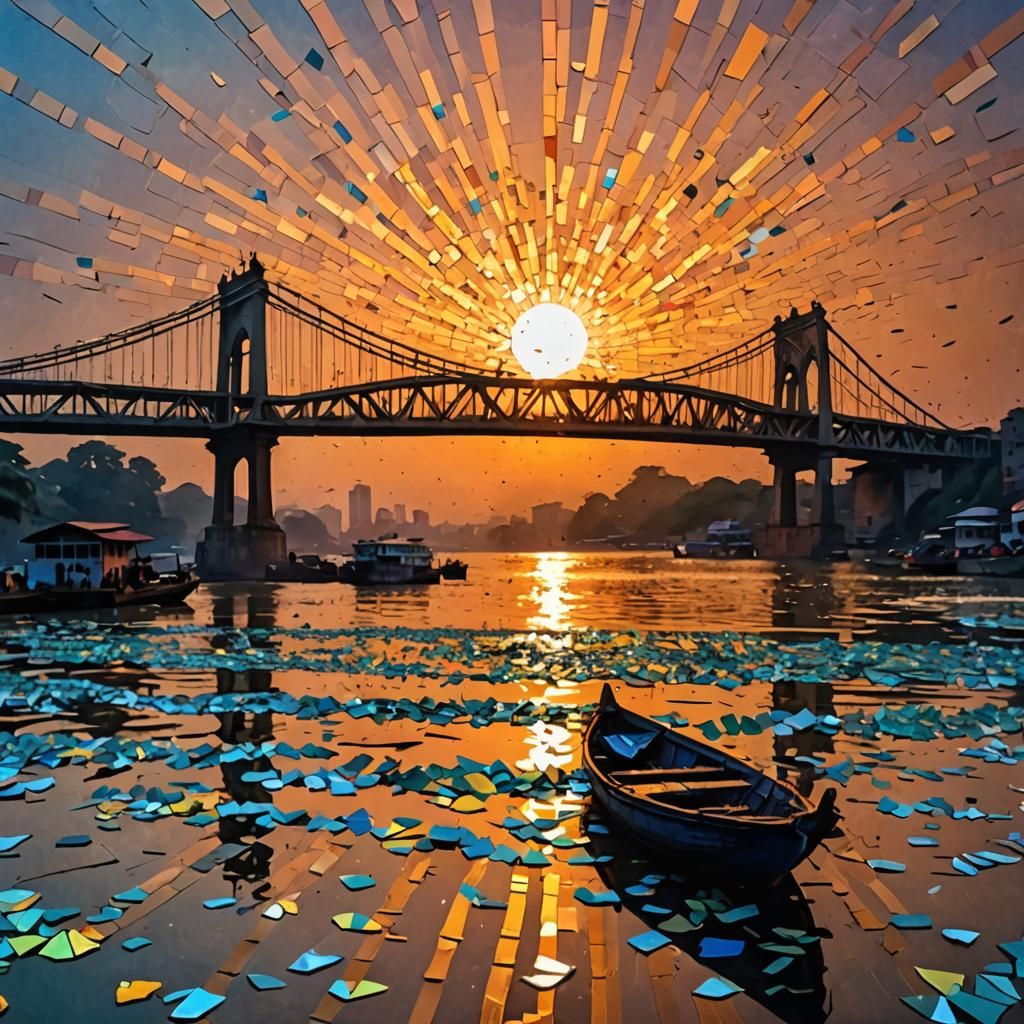 Ganges Sunset with Howrah Bridge in Layered Paper Art